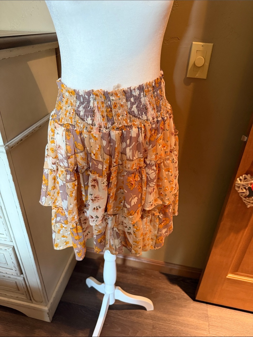 Smocked Tiered Mini Skirt in Yellow Floral